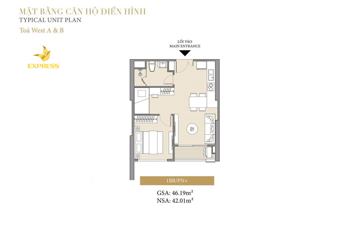 Chi tiết mặt bằng điển hình căn 1 phòng ngủ