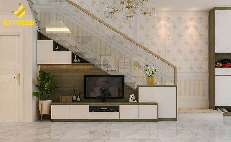 Thiết kế kệ tivi dưới gầm cầu thang