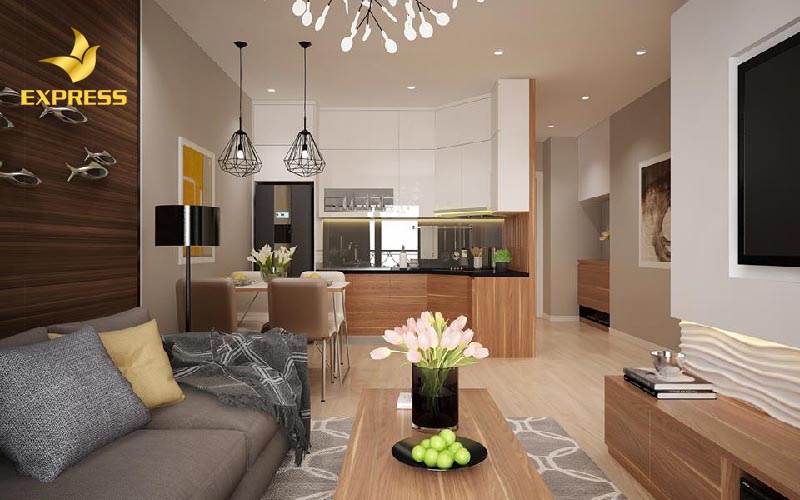 Phòng khách liền bếp thiết kế cho chung cư