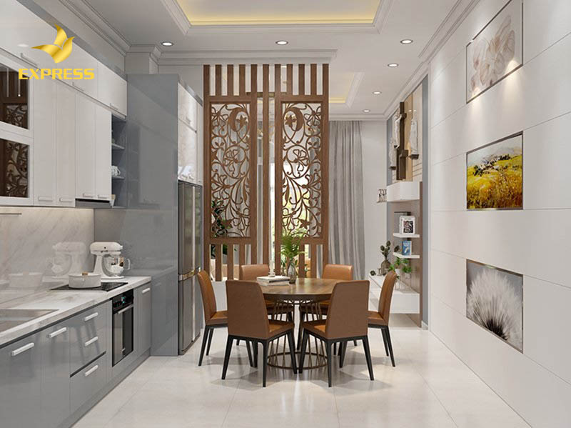 Vách ngăn gỗ phòng khách và bếp