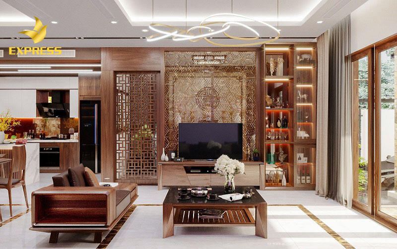 Tủ trang trí phòng khách làm bằng gỗ