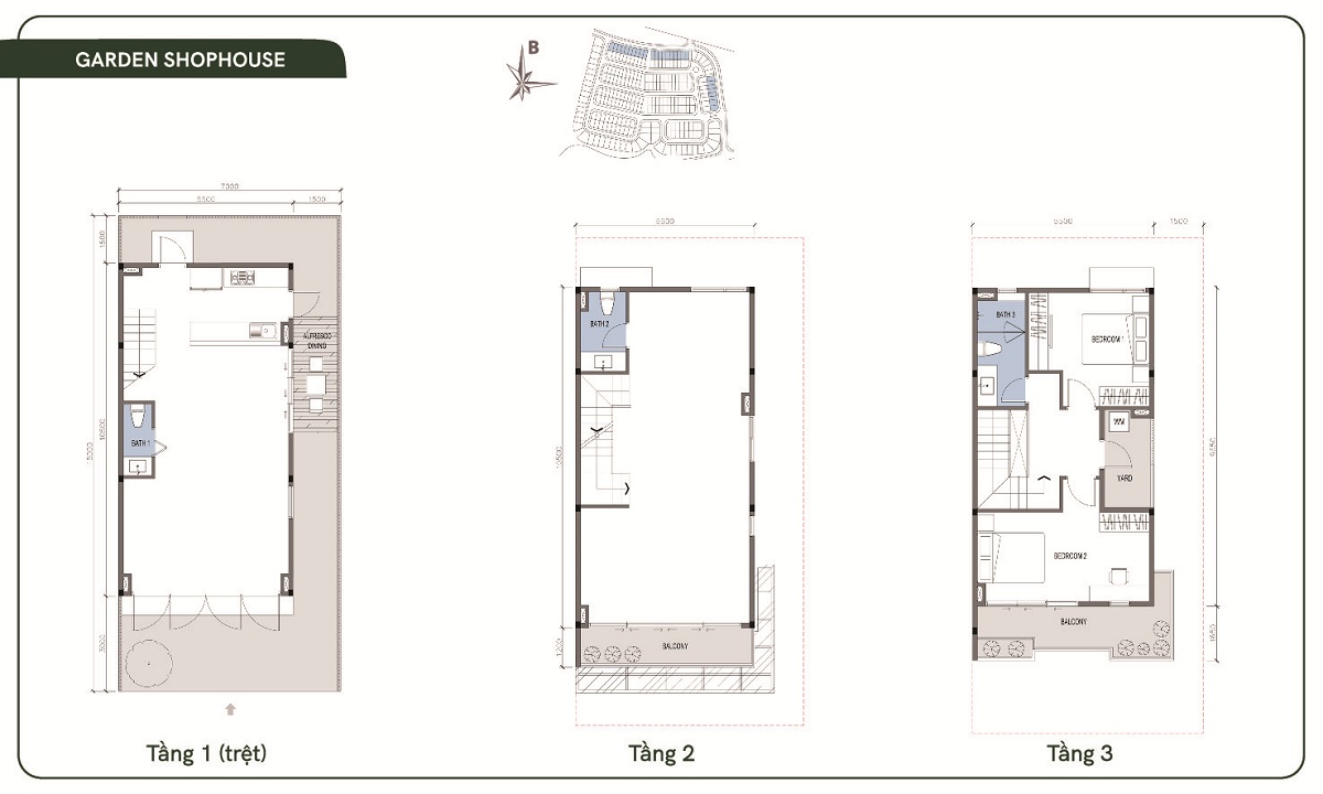 Mặt bằng bố trí công năng các tầng Garden Shophouse