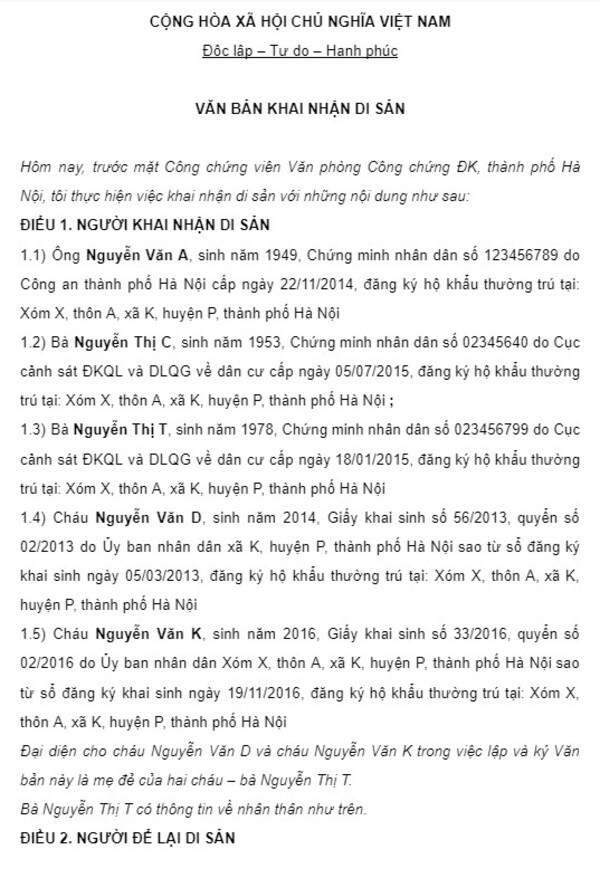 van ban khai nhan di san thua ke