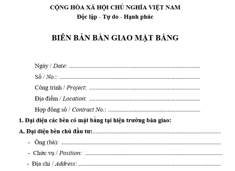 Biên bản bàn giao mặt bằng
