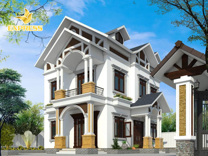 Căn biệt thự sở hữu hình khối cân đối, màu sắc hài hòa, họa tiết bắt mắt