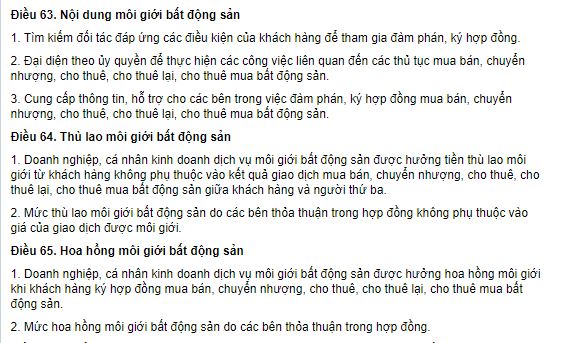 Điều 64 và điều 65 Luật Kinh doanh bất động sản quy định về môi giới nhà đất