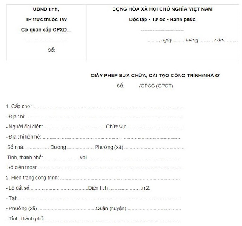 Đơn xin sửa chữa nhà