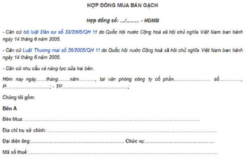 Hợp đồng mua bán vật liệu xây dựng mới nhất năm 2021