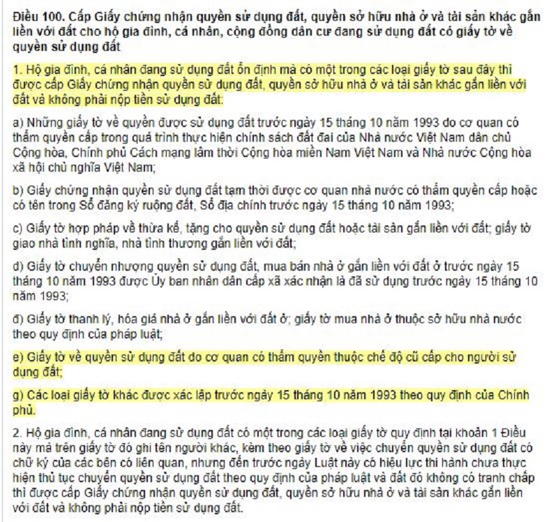Khoản 1 Điều 100 Luật Đất đai năm 2013