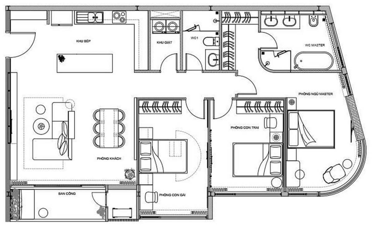 Mặt bằng chi tiết mẫu căn hộ 3 phòng ngủ