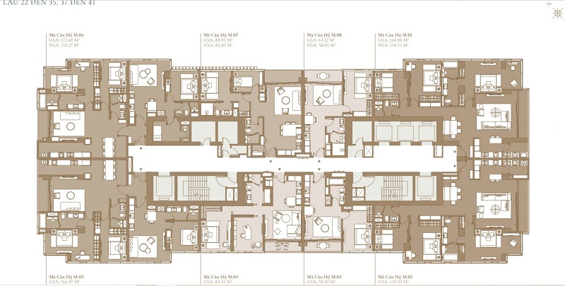 Mặt bằng lầu 22 đến 35 và lầu 37 đến 41 tòa Prime Lake