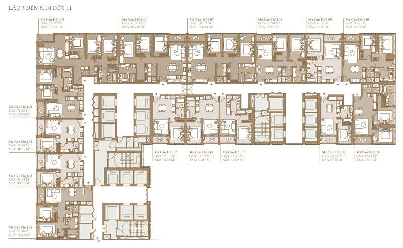 Mặt bằng lầu 3 đến 8 và lầu 10 đến 11 tòa Legacy SEA