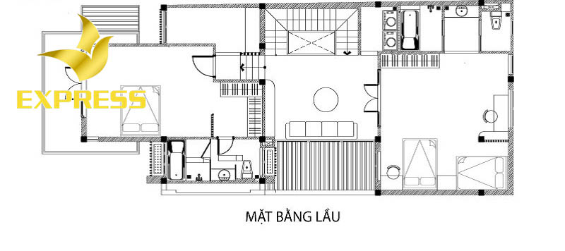 Mẫu bản vẽ tầng trệt cho kiểu nhà ống 2 tầng 1 tum