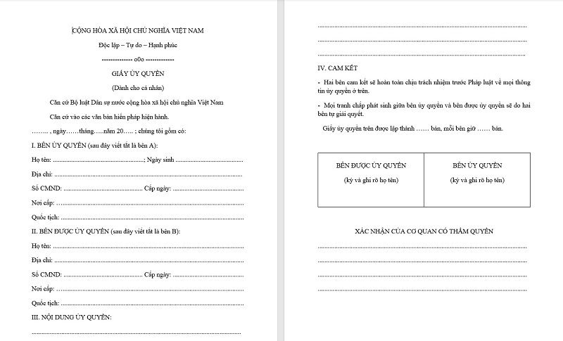 Mẫu giấy ủy quyền cá nhân