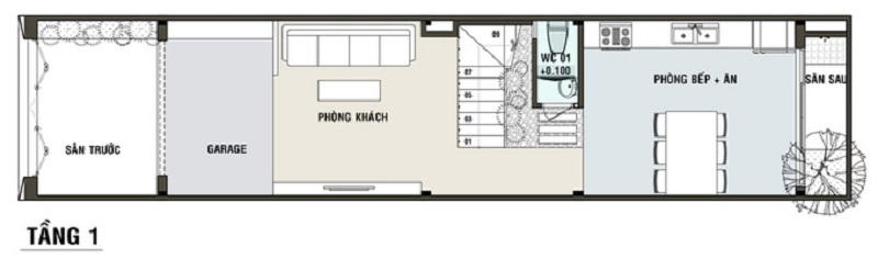 Mẫu vẽ mặt bằng tầng 1 của nhà phố 3 tầng 5x20