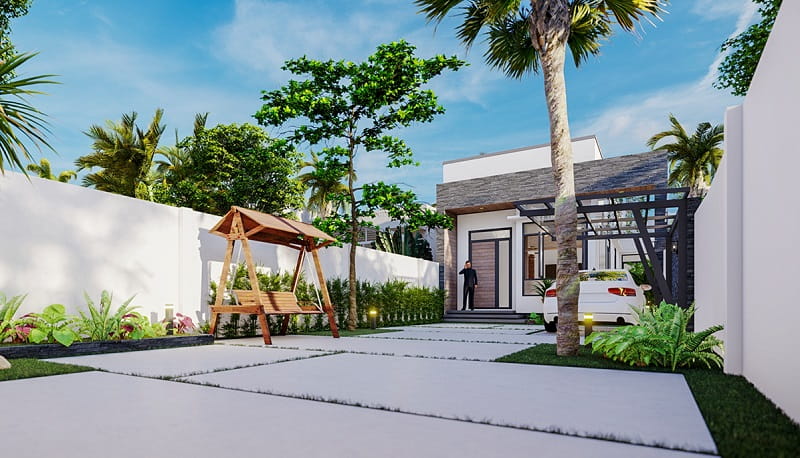 Ngôi nhà có một không gian sân rộng rãi, màu sắc sinh động