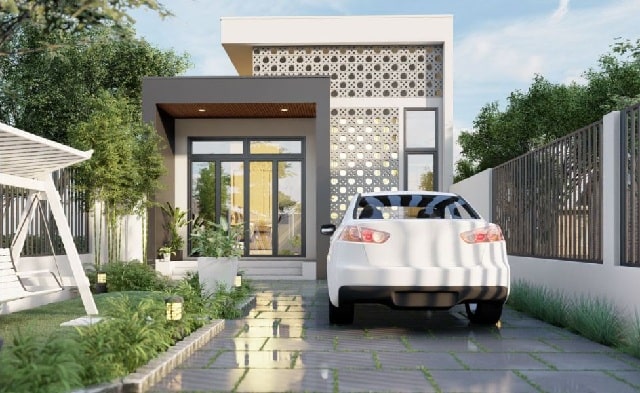 Phối cảnh mặt tiền của mẫu nhà cấp 4 gác lửng nổi bật với mảng thông gió