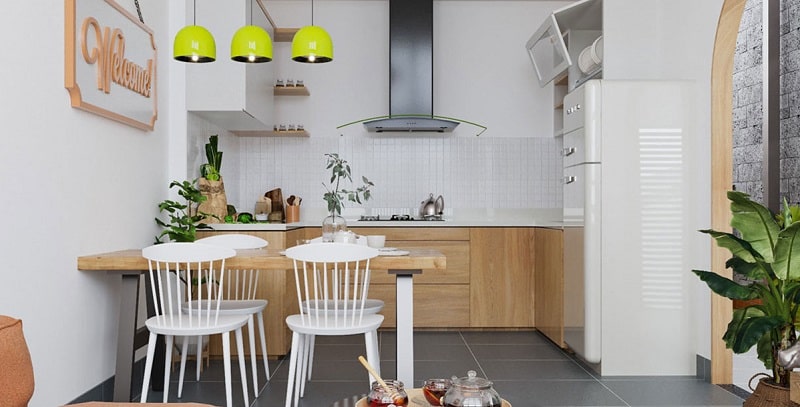 Phòng bếp và phòng ăn kết hợp với nhau để dễ đi lại lúc sinh hoạt