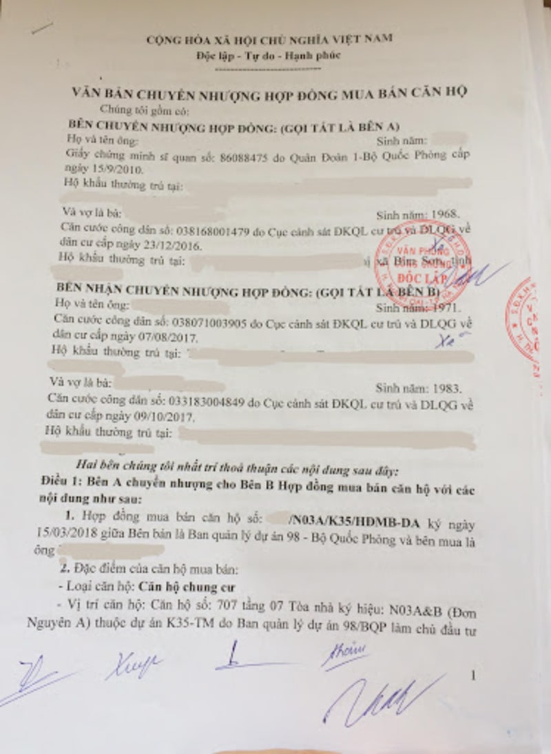 Văn bản chuyển nhượng hợp đồng mua bán nhà