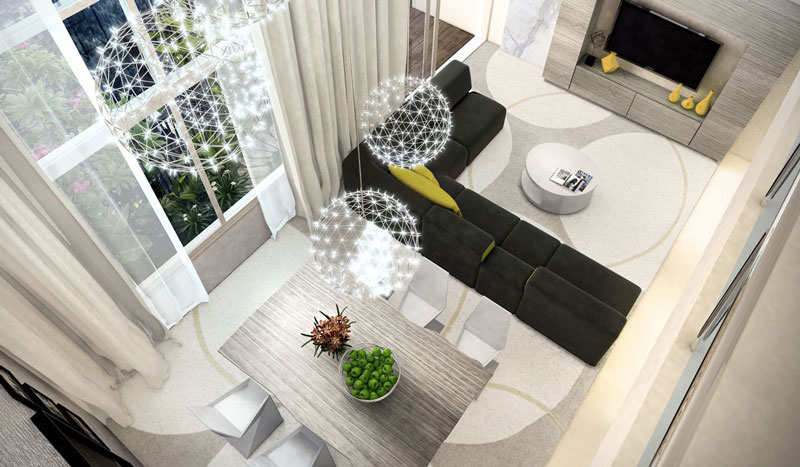 phòng khách và phòng bếp căn hộ Duplex Vista Verde Quận 2