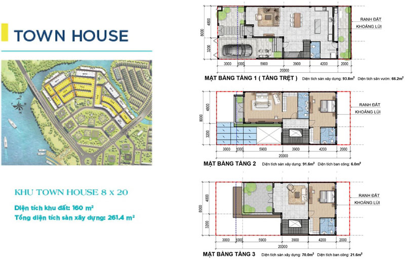 Mặt bằng thiết kế Nhà Phố Town House 8x20 Aqua City Novaland