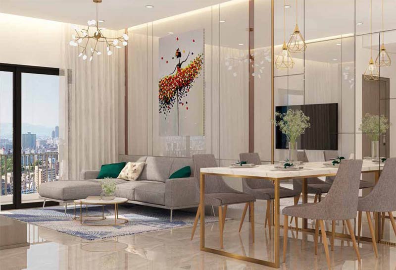 Khu vực bàn ăn nhìn ra phòng khách của căn hộ